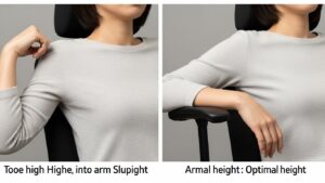 Armrest height comparison showing shoulders shrugging when armrests are too high versus relaxed shoulders when armrests support forearms lightly