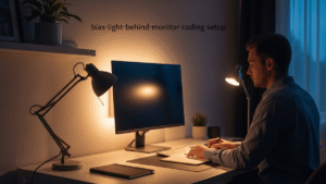 Home office monitor with soft bias lighting behind the screen to reduce harsh contrast and eye strain during long programming sessions in a dim room
