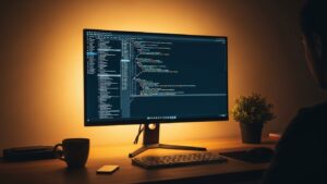 Soft bias lighting behind a monitor to reduce contrast with the wall and make text feel less harsh during long work sessions