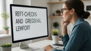 Person lowering a monitor and re-checking text clarity with a level chin for bifocal and progressive lens comfort