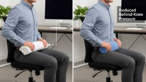 Firm back support fix: a folded towel or firm lumbar pillow placed behind the lower back to move hips slightly forward and reduce behind-knee pressure