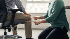 Two to three finger gap test showing whether a chair seat pan is too deep by checking space behind the knee