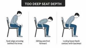 Too-deep seat depth signs: seat edge pressing behind the knee, sitting perched forward, and losing lower back contact with the backrest