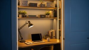 Layered lighting inside a closet office with task lamp and soft ambient LED strips