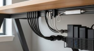 Under-desk creator cable routing showing separated power and data paths, a small service loop for camera and mic cables, and tidy mounting to prevent vibration and tugging