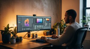 Creator home office lighting with a side-front key light, softer ambient fill in the room, and gentle bias lighting behind the main monitor to reduce harsh contrast