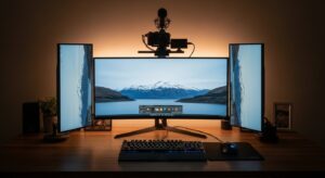 Creator desk triangle layout with a centered main monitor, a camera stacked above the main screen, and a side monitor angled for quick glances without neck twisting