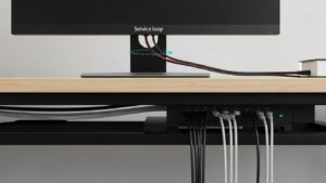 Data cable routing behind a monitor with a small service loop for movement and cables grouped neatly along the rear desk edge before dropping to the under-desk hub