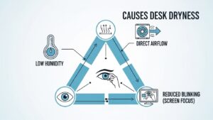 Infographic showing desk dryness causes as a triangle: low humidity, direct airflow from fan or vent, and reduced blinking during screen focus