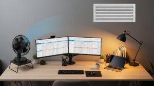 Home office desk setup showing an HVAC vent and desk fan redirected off-axis so airflow does not blow directly across the eyes or monitor