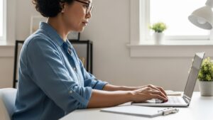 Side view of a person typing with elbows around 90 to 100 degrees and relaxed shoulders at a desk