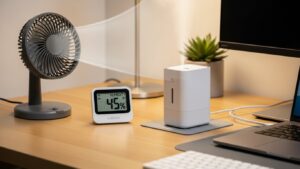 Desk humidity comfort setup with a small hygrometer, compact humidifier placed safely away from electronics, and airflow redirected to avoid eye dryness