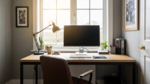Home office desk placed perpendicular to a window so daylight comes from the side and reduces monitor glare