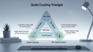 Quiet cooling triangle diagram showing how fan size, speed, and distance affect airflow comfort and microphone noise during home office calls