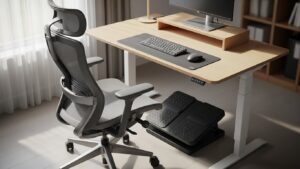 Chair-first setup using a footrest to keep feet supported while matching desk height to elbow height