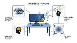 Infographic showing invisible LED flicker symptoms at a desk: gritty eyes, focus drift, headaches, and a visually 'busy' feeling even when the light looks normal