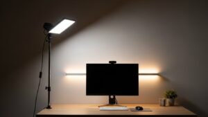 Flicker-free desk lighting setup showing one stable key desk lamp aimed at a wall for diffusion plus soft ambient light behind the monitor to reduce contrast