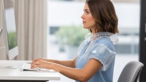 Float test showing whether shoulders are holding arm weight during typing indicating desk height too high