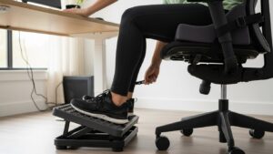 Footrest used to stabilize feet and knees when adjusting chair seat depth with a wedge or added lumbar support