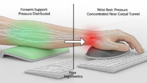 Forearm support versus wrist rest showing how forearm contact spreads pressure while wrist-crease contact concentrates pressure near the carpal tunnel area
