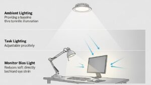Diagram showing a 3-layer home office lighting setup: ambient room lighting for baseline, task lighting aimed at the desk surface, and monitor bias light glowing softly on the wall behind the screen