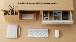 Hybrid desk storage layout showing a small desktop organizer for five daily tools and a drawer for weekly items, keeping the keyboard and mouse reach zone clear