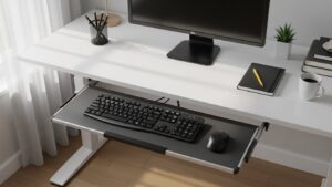 Desk view showing keyboard tray height adjusted so shoulders stay relaxed and elbows remain close to the body
