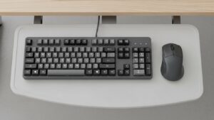 Top-down view of keyboard and mouse placed on the same keyboard tray plane to reduce reaching and shoulder strain