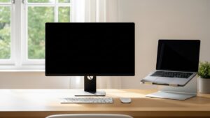 Laptop and external monitor setup with the main monitor centered and the laptop placed as a secondary screen on a stand