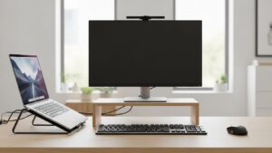 Side view of laptop and external monitor aligned for ergonomic height and distance with centered keyboard and mouse