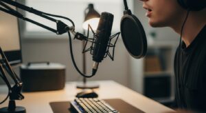 Microphone placed on a boom arm slightly off-axis from the mouth with a pop filter and positioned away from the keyboard to reduce typing noise