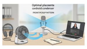 Microphone pickup path illustration showing a desk fan placed low and to the side so airflow avoids the front pickup direction of the microphone for clearer call audio