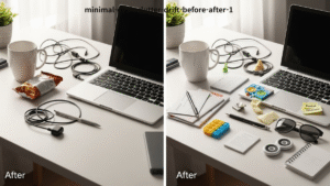 Before and after example of clutter drift on a minimal desk setup showing how small homeless items gradually take over the main work surface