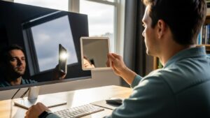 Person performing the mirror test on a monitor near a window to identify reflection sources like bright sky and adjust desk angle to remove glare