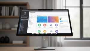 Front view of a monitor positioned slightly lower and at a comfortable distance for progressive lens users to avoid chin lifting