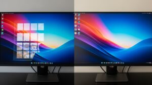 Side-by-side comparison of reflection glare showing a window reflected on a monitor versus veiling glare where the screen looks washed out from high room contrast
