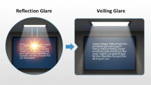 Diagram showing reflection glare from a window or lamp versus veiling glare that washes out text due to high room brightness