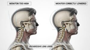Biomechanical comparison of cervical spine alignment with a monitor that is too high versus correctly lowered for progressive lens users