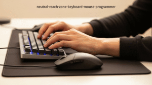 Programmer desk layout showing neutral reach zone with keyboard and mouse close together, elbows near the body, forearm support near the elbow, and wrists floating during typing and mousing