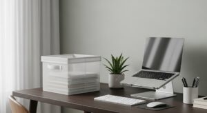 Small covered storage bin placed beside a desk as an out-of-sight lane for non-work items to reduce visual distractions during remote work