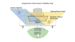 Programmer home office desk setup showing the three-stability map: monitor sightline stability, glare-free lighting stability, and wrist-friendly neutral reach zone for long coding sessions
