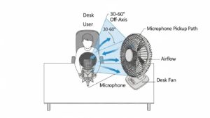 Off-axis desk fan placement diagram showing a fan positioned 30 to 60 degrees to the side to create a cross-breeze that cools the user while avoiding the microphone pickup path