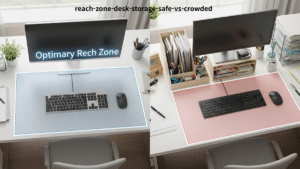 Ergonomic reach zone comparison showing a clear keyboard and mouse rectangle versus a crowded desktop organizer pushing the keyboard forward and increasing shoulder reach
