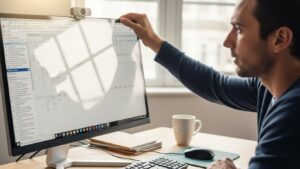 Person adjusting a monitor with a small downward tilt to remove window reflections while seated in a normal working posture