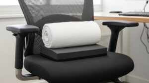 Lumbar towel roll and thin seat wedge used to reduce effective seat depth while keeping the back supported