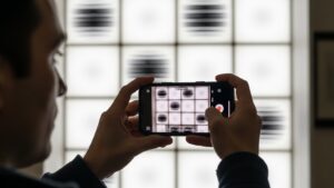 Person filming a lit wall with smartphone slow-motion to detect LED flicker, checking for rolling dark bands at different dimming levels