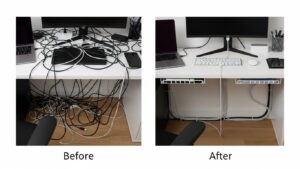 Before and after small desk cable management showing messy visible cables and then a clean desk with a single visible charging cable and hidden under-desk routing