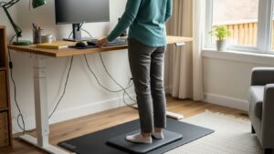 Person standing at a home office standing desk on a supportive anti-fatigue mat with relaxed posture and stable stance