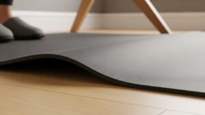 Close-up of a standing desk mat beveled edge design to reduce trip risk during small steps in a home office
