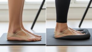 Side view comparison of ankle stability on a dense standing desk mat versus an overly soft thick mat under body weight